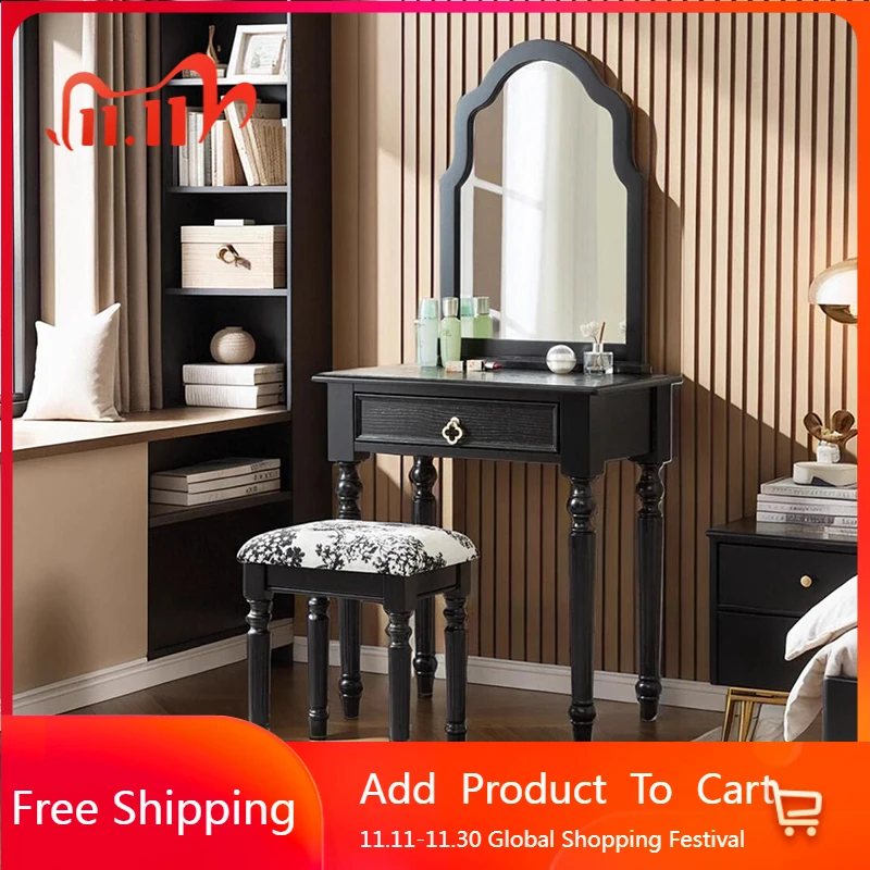 

Vintage Black Vanity Table Wood Jewelry Closets Stool Dressing Table Drawers Mirror Desk Chair Vestidores Lounge Suite Furniture