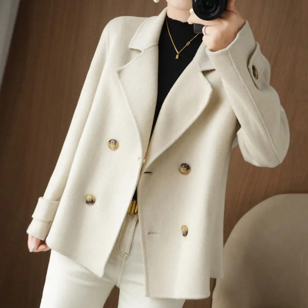 Short Double-breasted Woolen Coat Korean Fashin Ladies Jacket Buttons Lapel Notch Collar Long Sleeve Casual Trench Coat Outwear