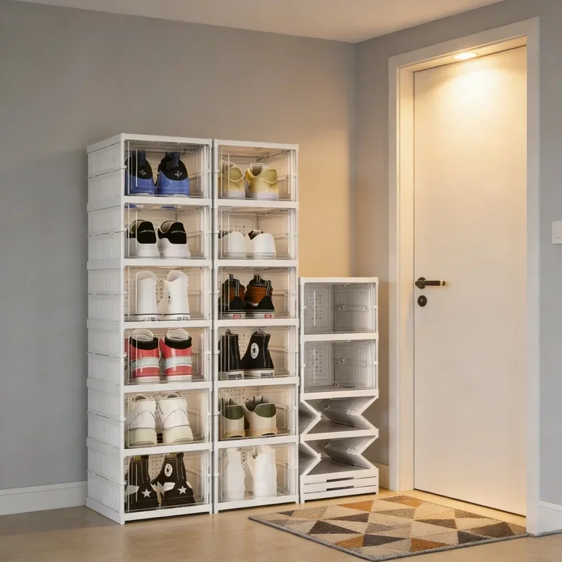 

3- или 6-уровневый прозрачный органайзер для обуви, складной, штабелируемый, пылезащитный, для демонстрации кроссовок, экономия места, для дома