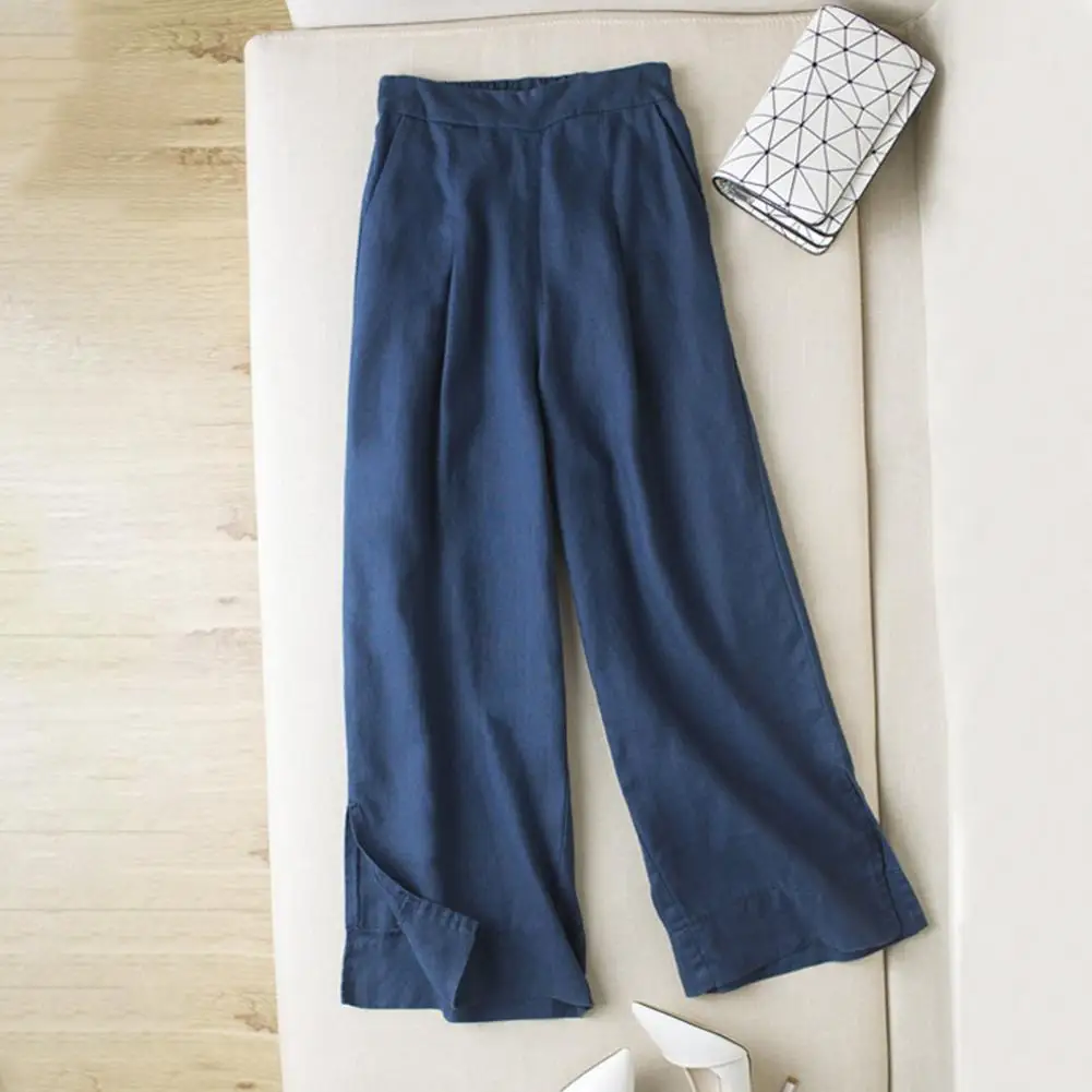 Comfortable Wide-leg Pants Solid Color Loose Trousers Stylish Women's Wide-leg Pants with Elastic Waist Pockets for Casual