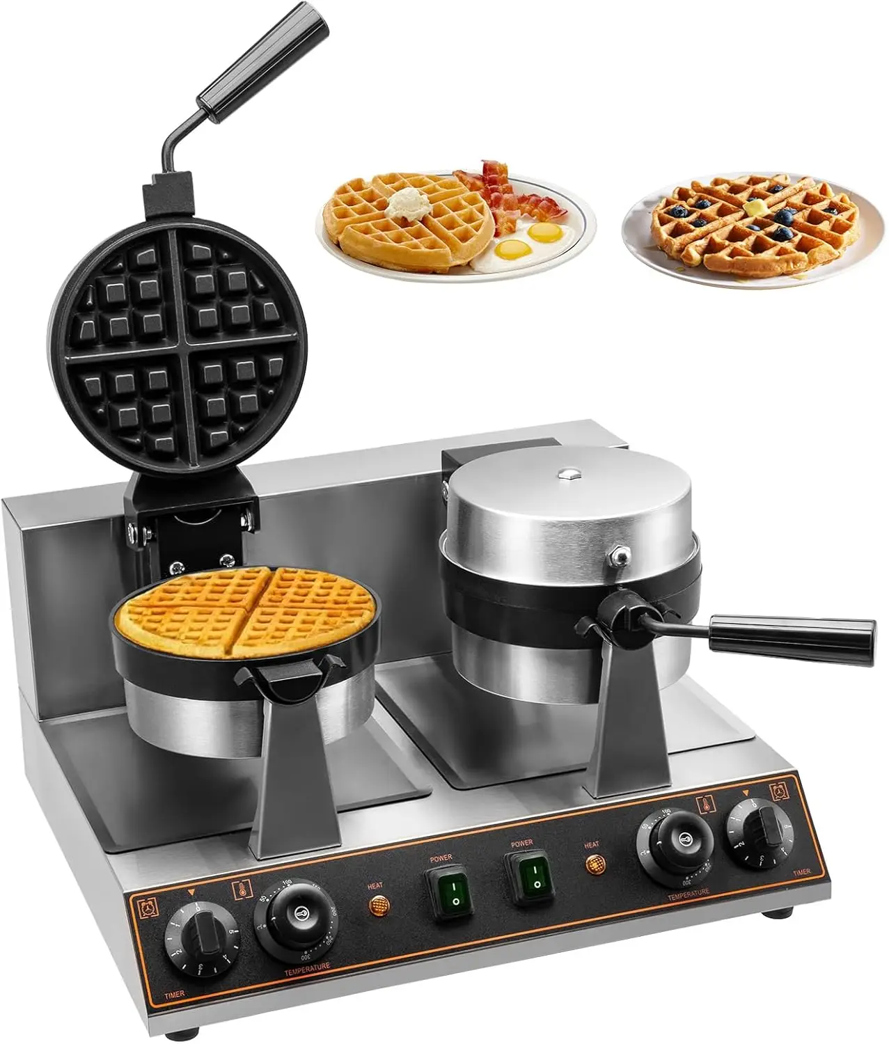 Commercial Dual Head Belgian Waffle Maker, 2600W 110V 201 Stainless Steel Double-head Belgian Waffle Maker Nonstick