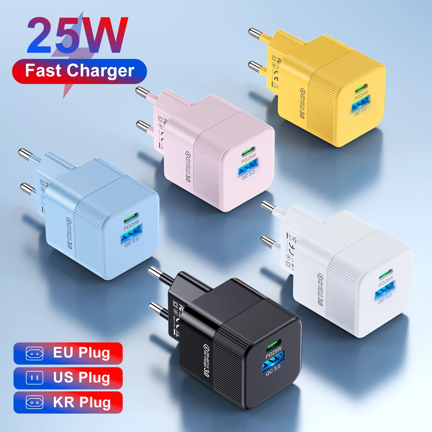 2 Ports Charging PD+QC 3.0 Mini USB C PD Fast Charger KR EU US Plug Travel Phone Fast Charging Adapter For iPhone 15 Pro Xiaomi