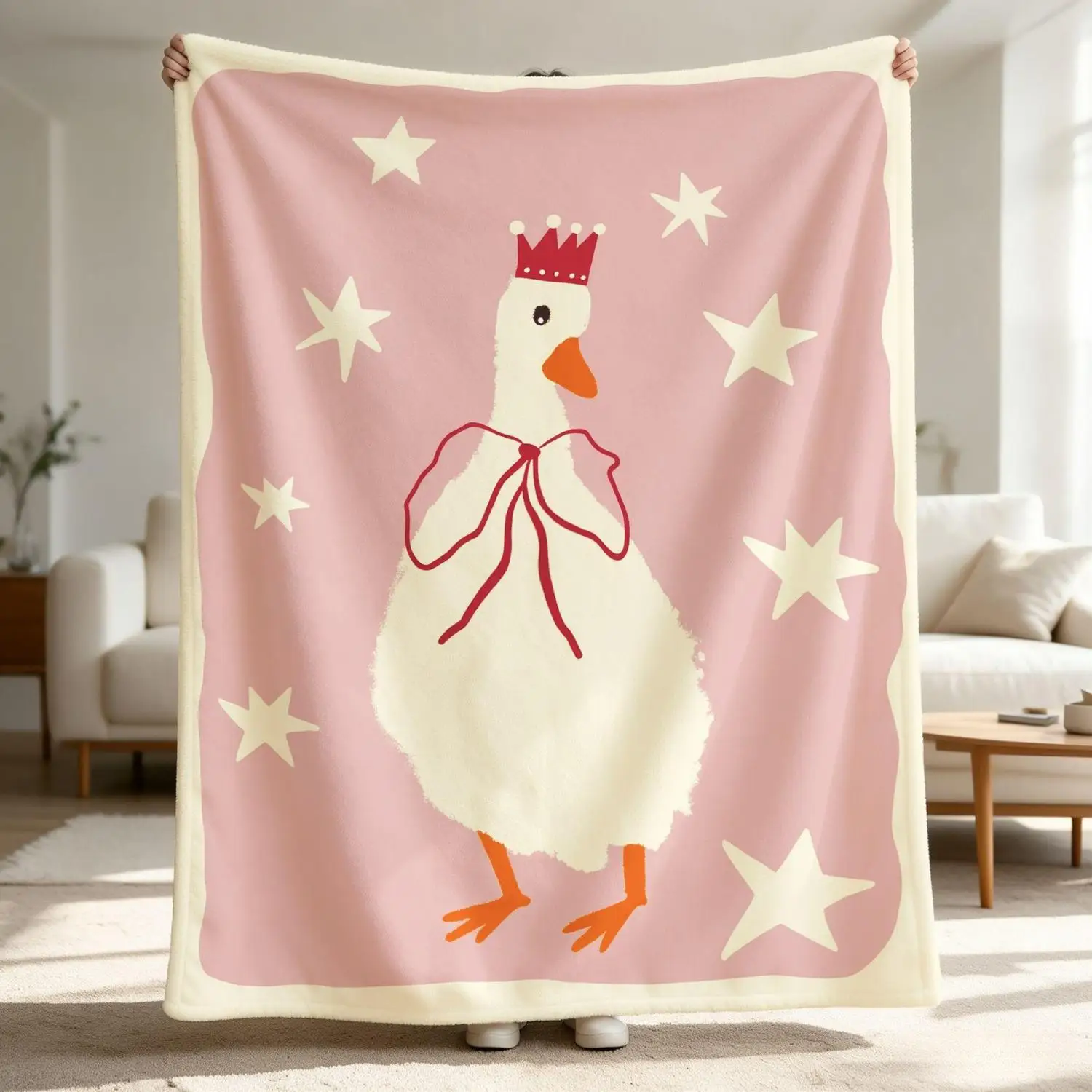 [Flannel Blanket] Coronation Goose Blanket, Pink Star-Shaped Printed Blanket, Decorative Gift for Animal Lovers