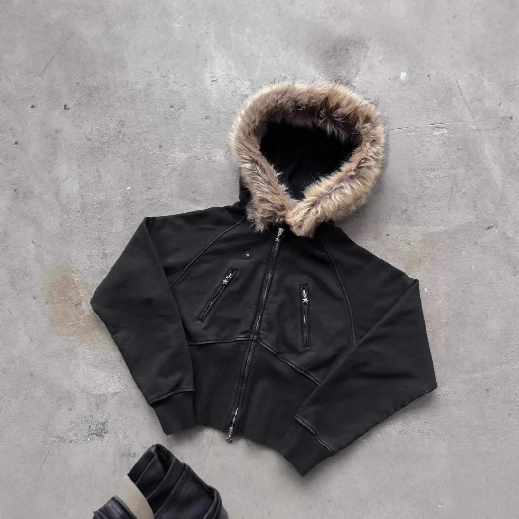 เสื้อฮู้ดดี้คอขนสไตล์วินเทจ Y2K ปี 2025 ทรงเข้ารูป กระชับเอว ซิปหน้า สไตล์อเมริกันเรโทร ลำลอง พังก์ สำหรับผู้หญิง