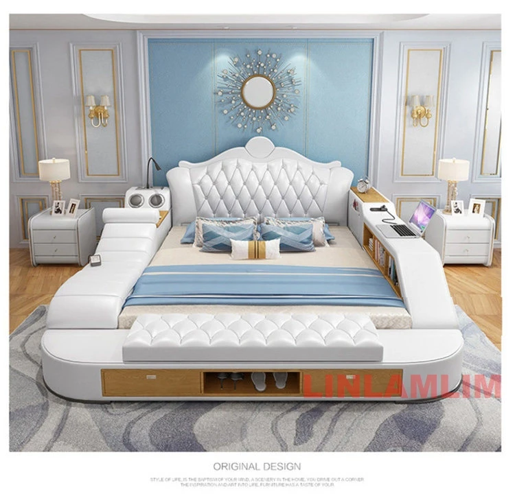 Modern Luxury Genuine Leather Storage Bed, King/Queen Multifunction Tech Smart Upholstered Platform Bed Frame with USB, Speaker