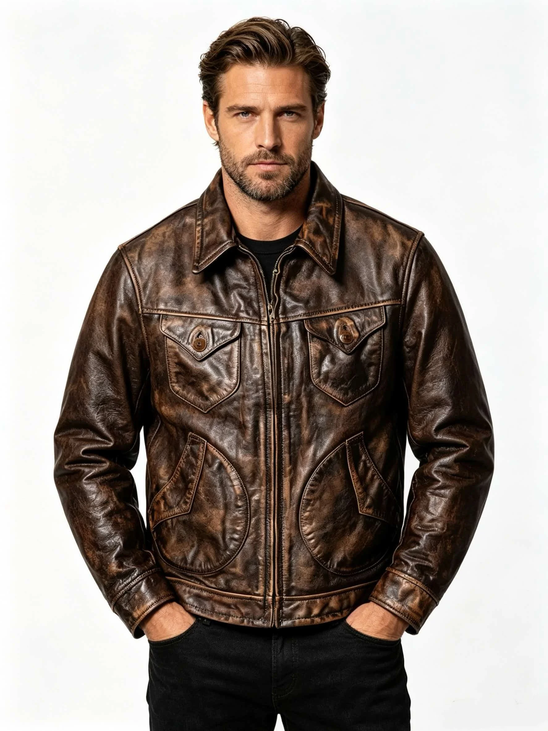 Dark Brown Autumn Leather Jacket Men Retro Style Plus Size 5XL Genuine Natural Cowhide Turn-Down Collar Vintage Casual Coat