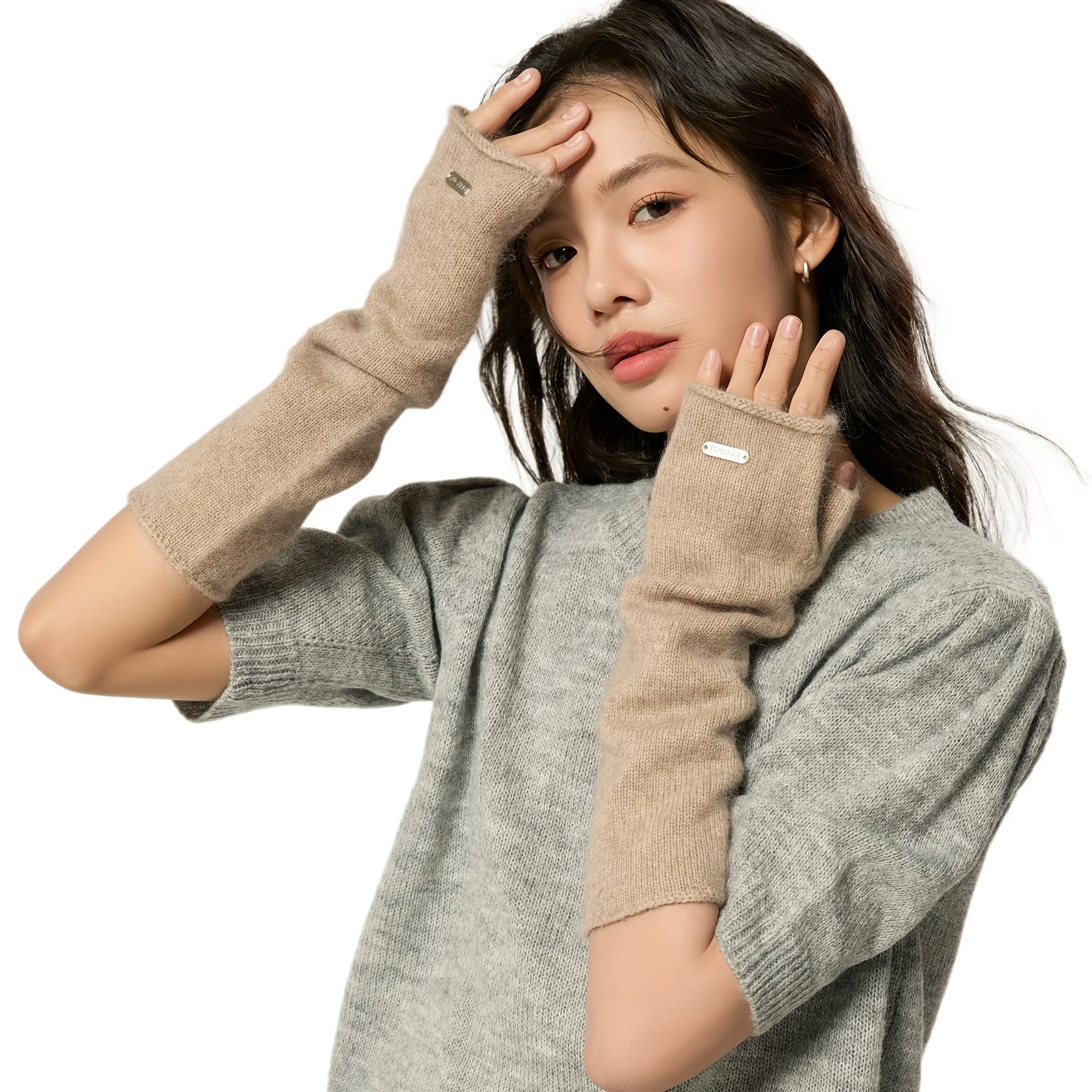 قفازات شتوية طويلة متماسكة نصف إصبع لعيد الميلاد مع فرو الراكون بلون نقي، غطاء مقاوم للبرد والدافئ، عصري #2