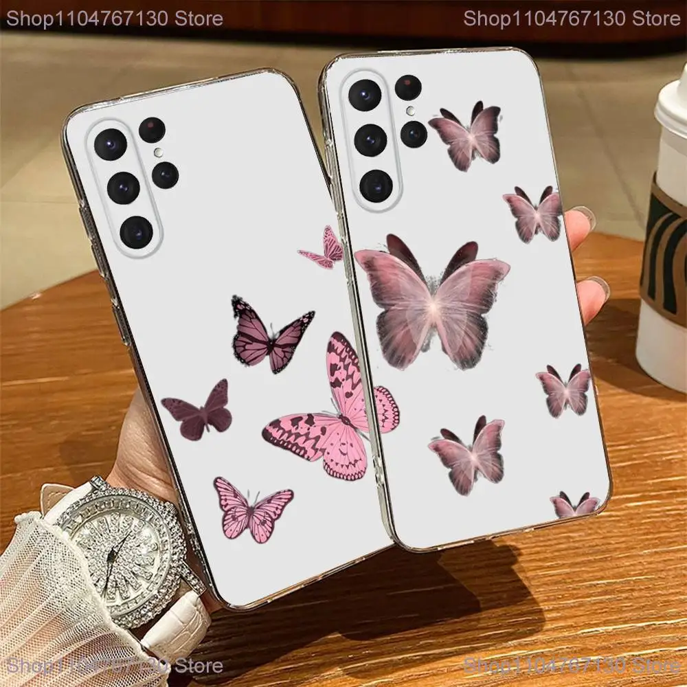

Pink Blue Drift Sand Butterfly Phone Case For Samsung S24,30,21,22,23,20 FE,lite,PIus,Ultra,5G,Note,9,10 Transparent Cover
