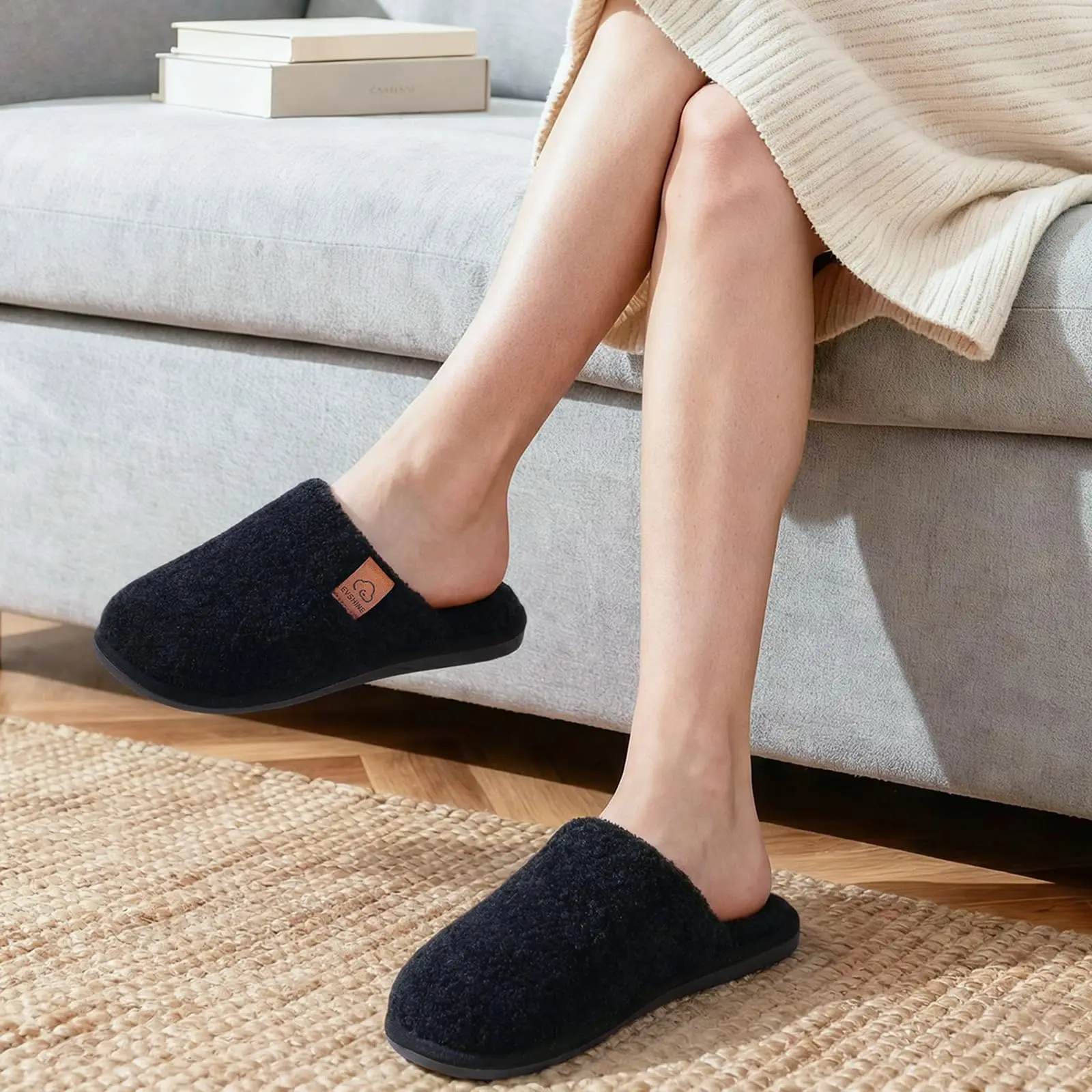 Shevalues Winter-Plüsch-Hausschuhe für Damen, warme Indoor-Slipper mit flachem Boden, flauschige, bequeme Baumwoll-Hausschuhe für Damen – Detail 10