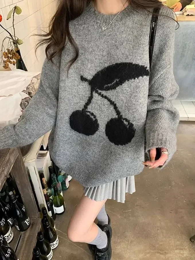 Cherry Knit Sweater Cartoon Graphic Cute Pullover Women 2024 y2k clothing fairycore 2000s kawaii grunge korean fall winter top