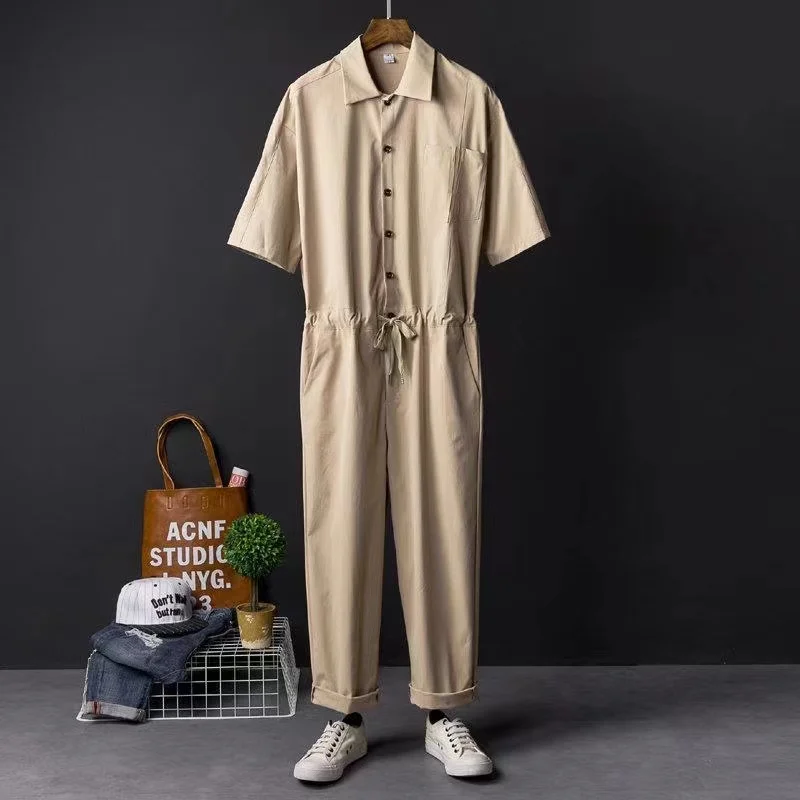 2024 Summer New Men\'s Hip Hop Jumpsuit Japanese Retro Workwear Style Jumpsuit Couple Loose Casual Set Ultra Thin Ice Silk Cool