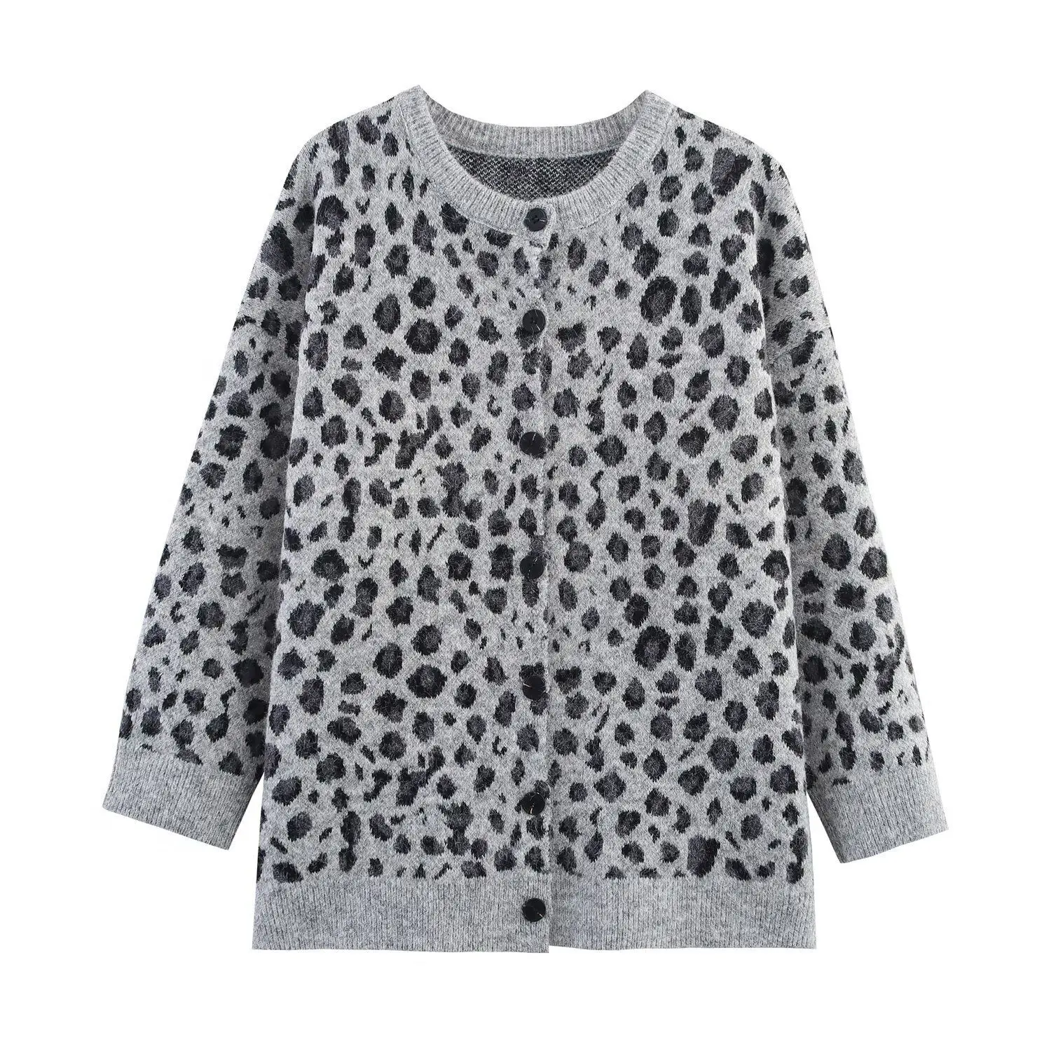 

Модный женский вязаный кардиган с круглым вырезом и леопардовым принтом, верхняя одежда в европейском и американском стиле, свитер, пальто