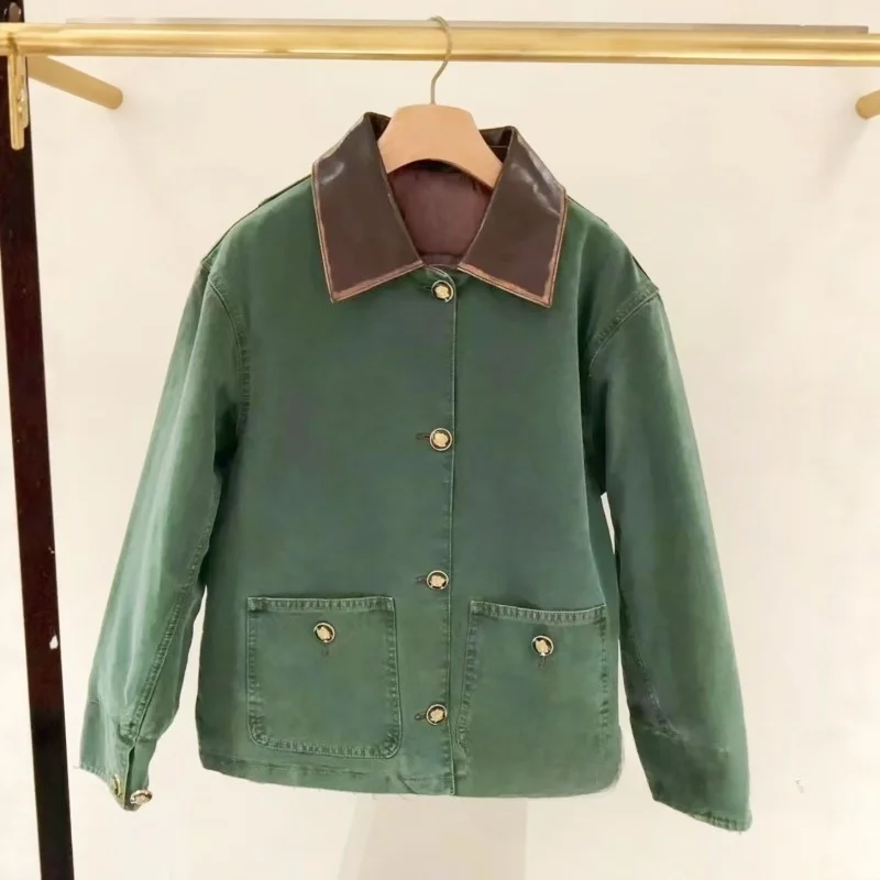 

Модная женская куртка из денима с кожаным воротником в стиле ретро, свободного кроя, из несминаемого материала, верхняя одежда для женщин