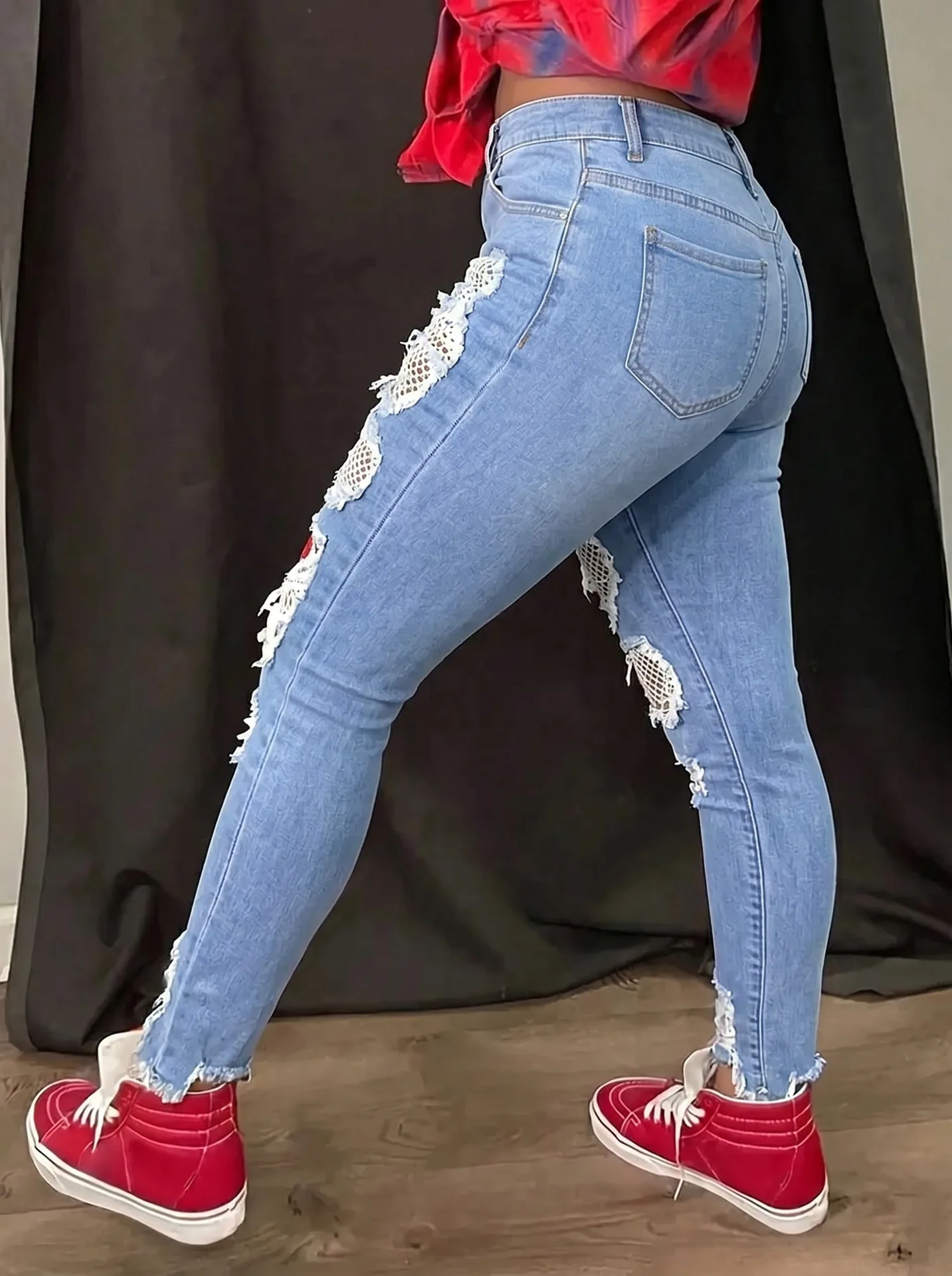 Women's Long Pants Casual Fashion Elastic Denim Shorts Patchwork Hole Design Slim Fit Red Plaid Buttock Enhancing Trousers