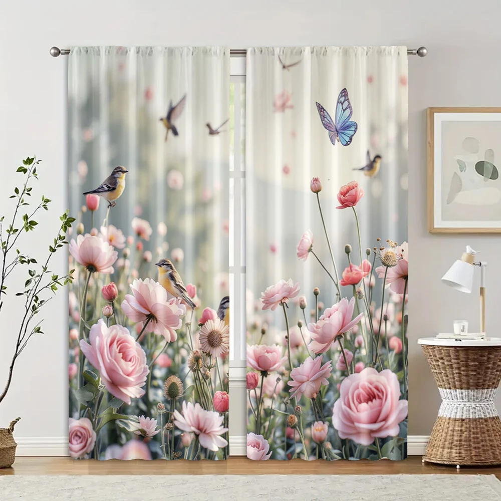 2 pcs, filtering curtains (excluding rods, non-movable, without batteries) Floral and Bird for use in bedrooms and living rooms
