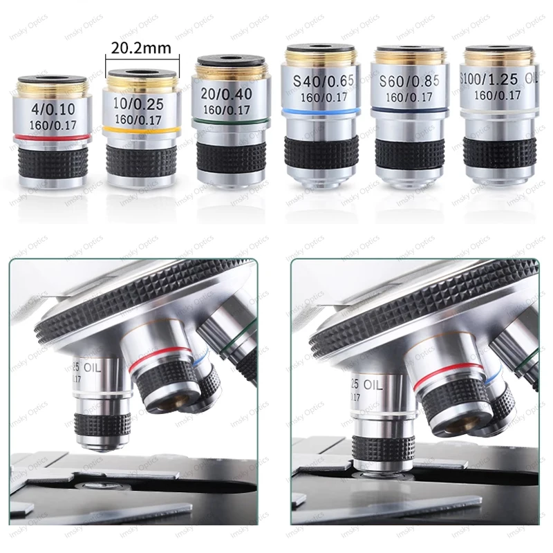 185 Achromatic Pure Copper objective Lens 4X 10X 20X 40X 60X 100X RMS 20.2mm for Biological Microscope Conjugate Distance 185 mm