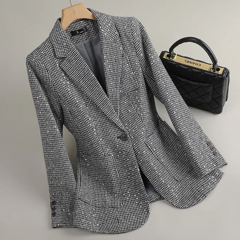 스팽글 하운드투스 블레이저 여성 봄 가을 숏 재킷 코트 여성 정장 2025 신상 체크무늬 스몰 슈트 여성 아우터 탑