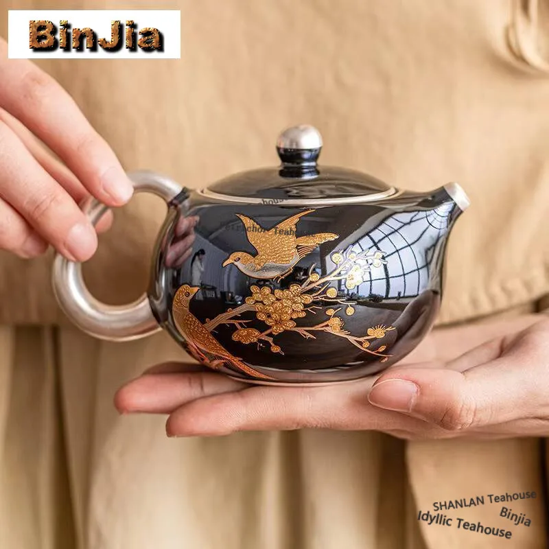 

200ml High End 999 Gilded Silver Teapot Vintage Pearl Glaze Flower And Bird Xishi Pot Tea Maker Kettle Teaset Accessories Craft