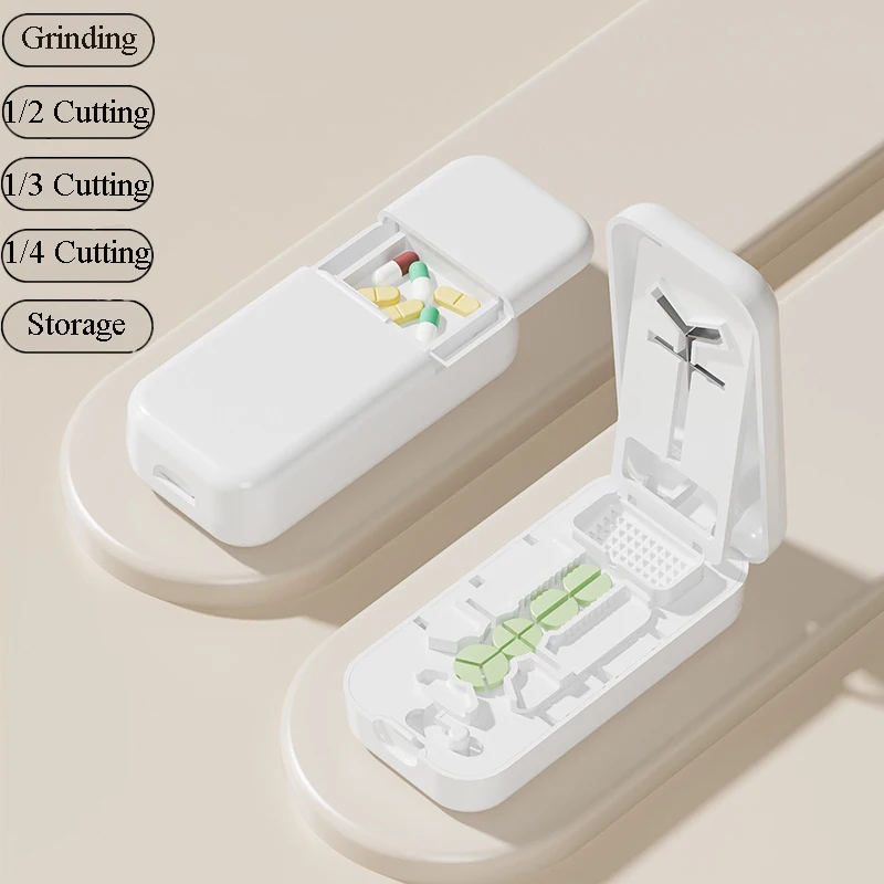 Newest 5in1 Pill Cutter Portable Precise Medicine Cutting Scissors in Halves Third or Quartering Tablet Splitter Travel Drug Box