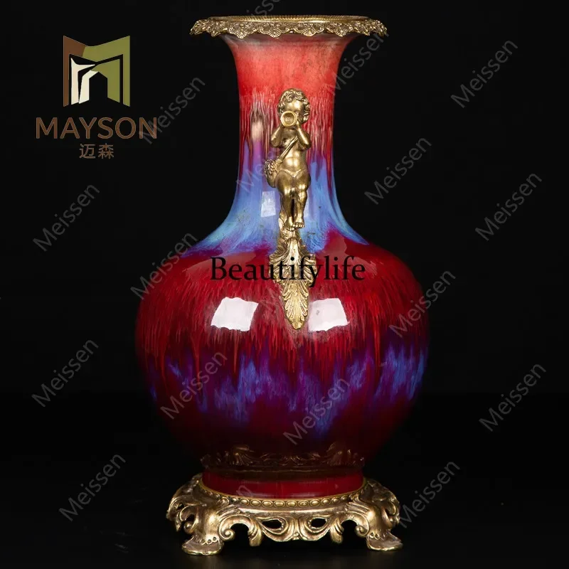 Porcelain kiln-changed glaze ice cracks with copper boy blowing horn bottle Jingdezhen porcelain vase ornament