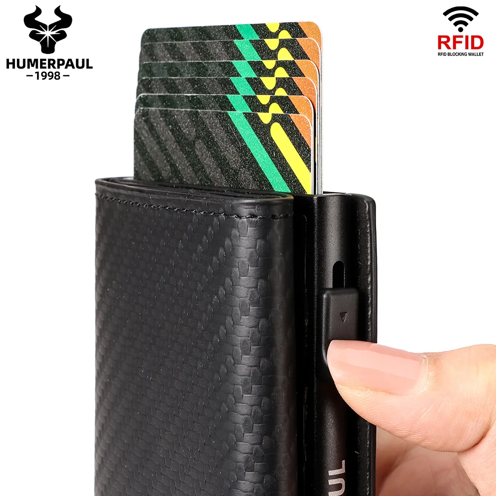 HUMERPAUL Carbon Fiber Men Cards Wallet RFID Credit Card Holder Smart Pop Up Aluminium CardHolder Case with Trifold Money Clip