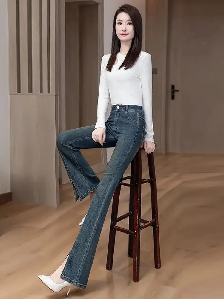 กางเกงยีนส์ทรงกระบอกเอวสูงยืดได้ กระชับสัดส่วน สำหรับผู้หญิง แฟชั่นฤดูใบไม้ผลิ ฤดูใบไม้ร่วง ฤดูหนาว  แบบมีซิป