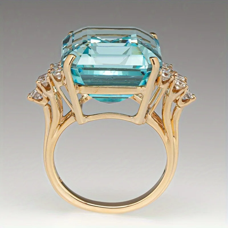 1pc Luxurious Hyperbole Women Ring Cocktail Party Ring with Huge Sky Blue Cubic Zircon Prong Setting Valentine's Gift for Wife view 3