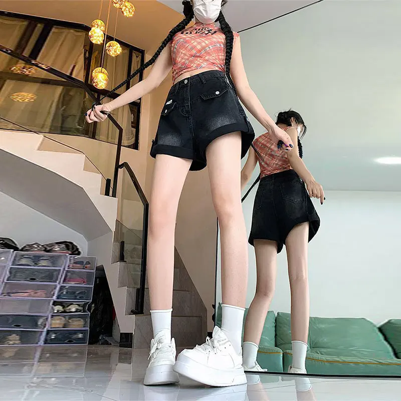 High Waist A-Line Wide Leg Short Jeans Women's Summer Thin Black plus Size Loose Cuffed Hot Pants Casual Pants Ladies