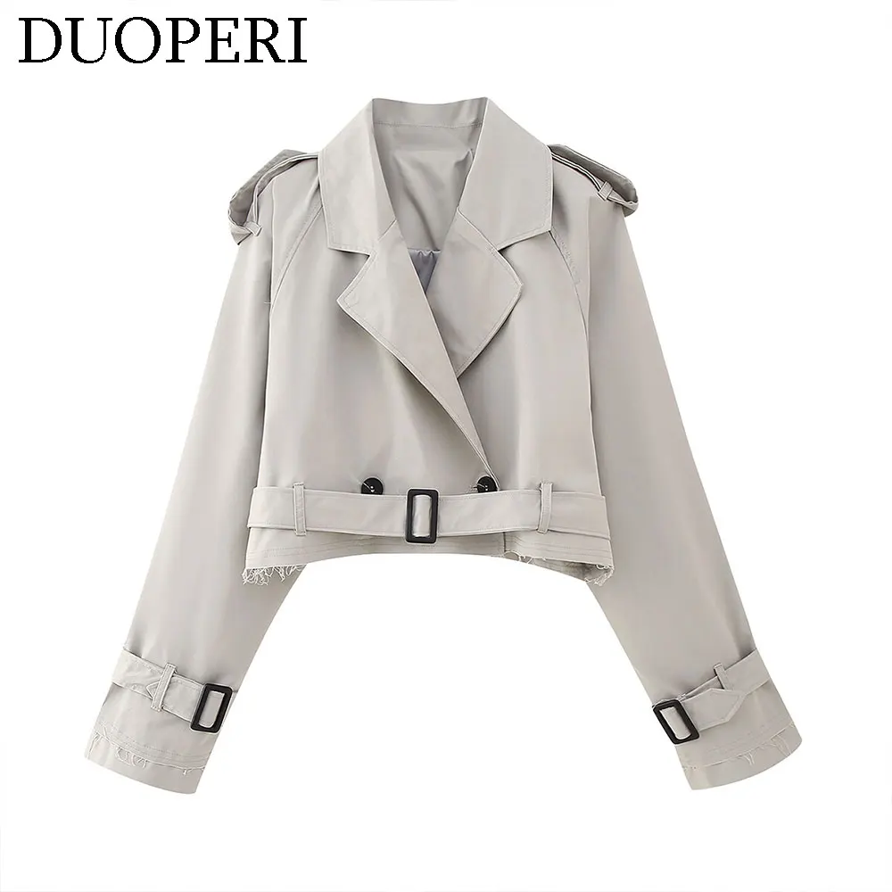 DUOPERI Women Fashion Casual Jacket Notched Collar Long Sleeves Waist Belt Female Chic Lady Casual Outwear Short Overcoat