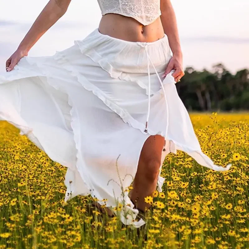 

Womens Summer White Tiered Ruffle Maxi Skirt Boho Fairycore Split Hem Long Skirt