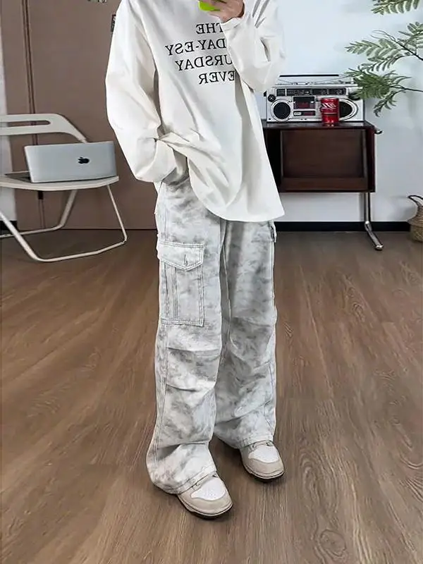 

Мужские брюки American Dyed Dirty Pants: осенне-зимние, с эффектом потертости, с множеством карманов, функциональные, рабочие, свободного прямого кроя, широкие, в стиле милитари