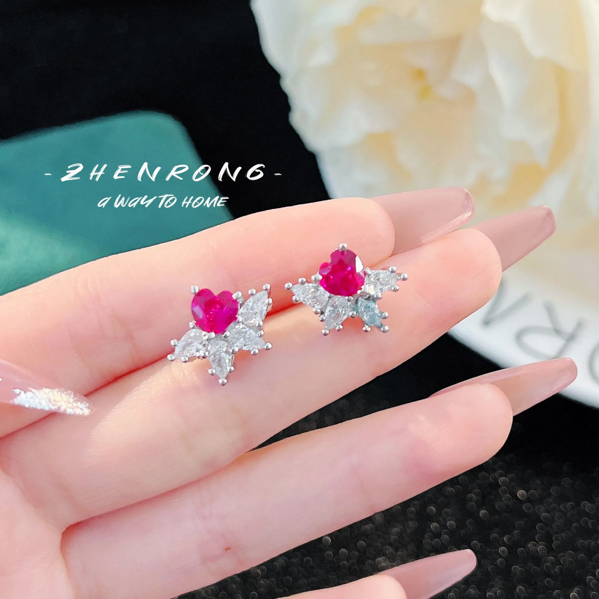 925 Reines Silber Roter Rubin Herzförmiges Schmuckset Exquisites Luxus-Hochzeitsgeschenk – Detail 18