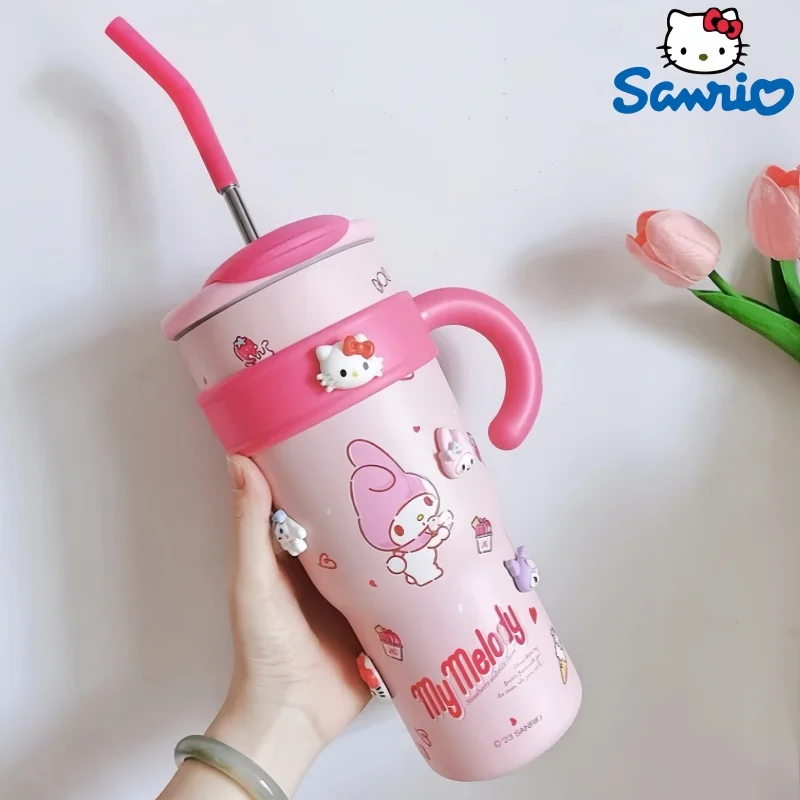 1200ml Sanrio Hello Kitty Cute Insulated Water Bottle Large Capacity Straw Thermos Cup My Melody Cartoon Children Stainless Cup