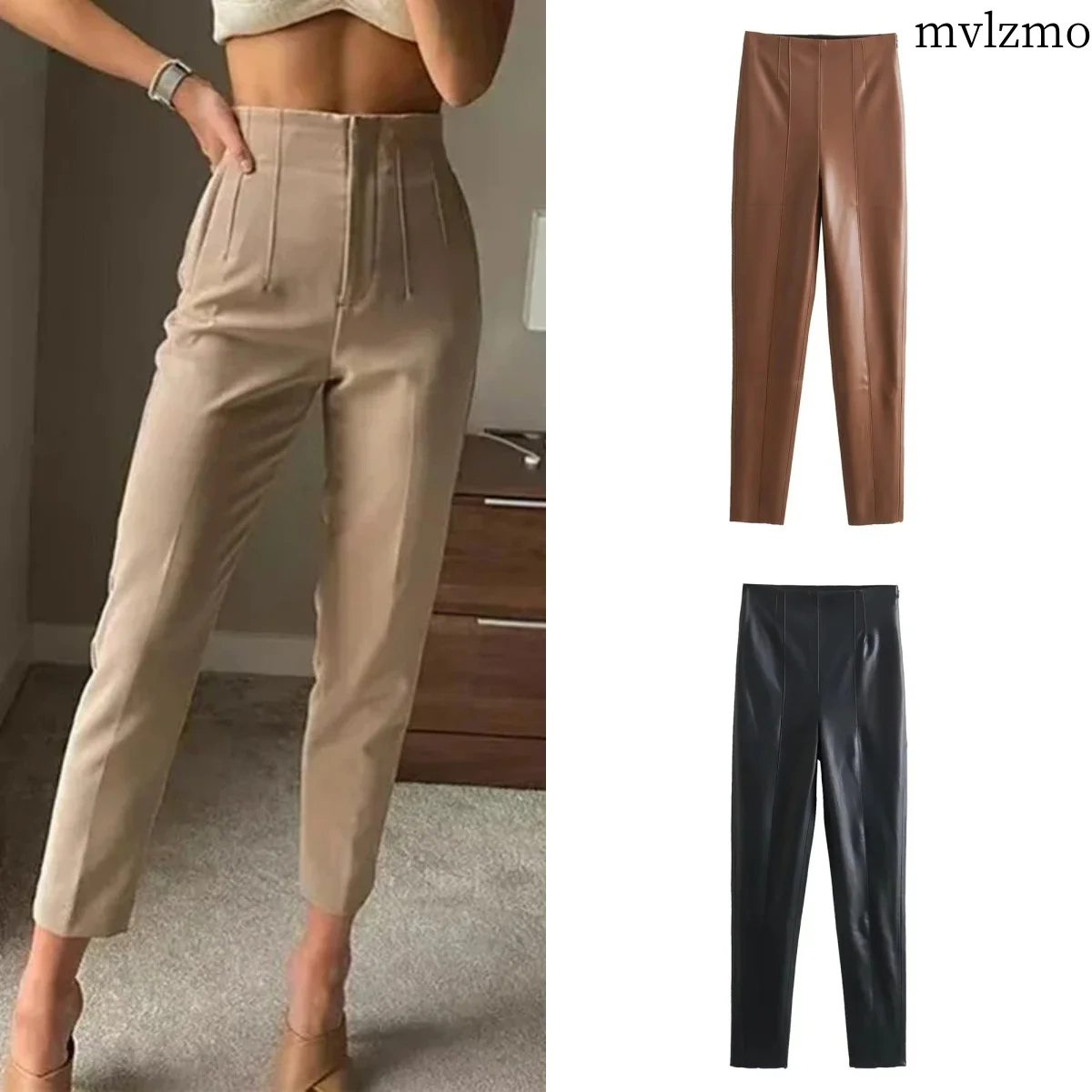 

2024 Spring New Product Women's Fashion and Casual Versatile Slim Fit Imitation Leather High Waist Small Feet Leggings