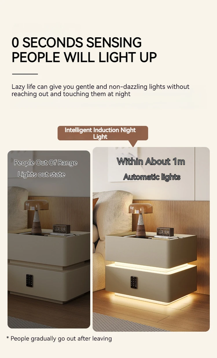 طاولة سرير ذكية من الخشب الصلب الحديث مع ضوء LED للشحن اللاسلكي بجانب السرير للاستخدام في غرفة نوم المنزل والمستشفى