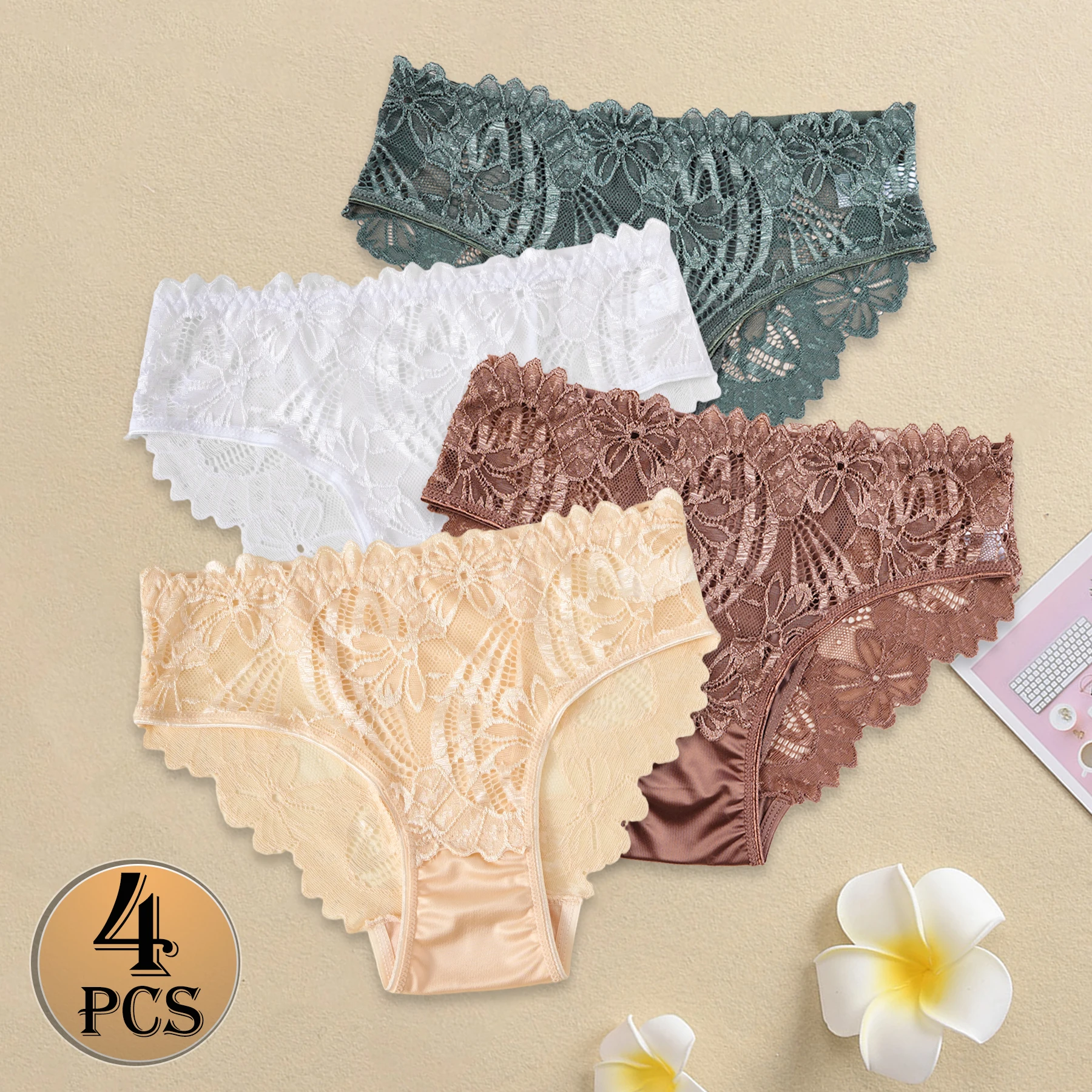 

4 шт., элегантное женское нижнее белье, атласные трусики, однотонное кружевное нижнее белье с цветочным узором, сексуальное женское интимное белье на каждый день