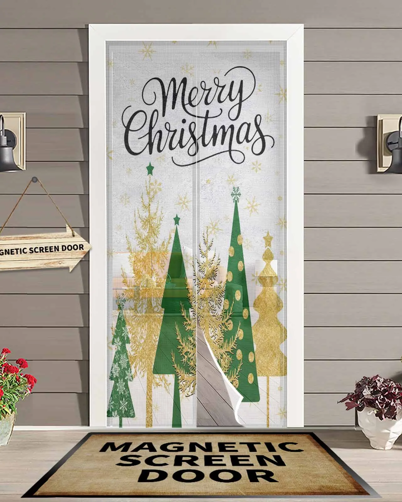 

Abstract Winter Christmas Green Tree Magnetic Door Curtain Living Room Bedroom Home Anti-mosquito Screen Door Curtain