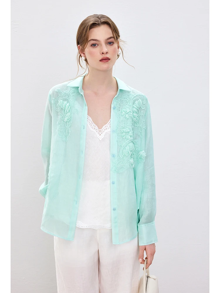 

French Style Embroidered Lace Shirt Ningxia Yijian Misty Fairy Woven Fine Grid Flax Heavyweight Lace Floral Print Long Sleeve...