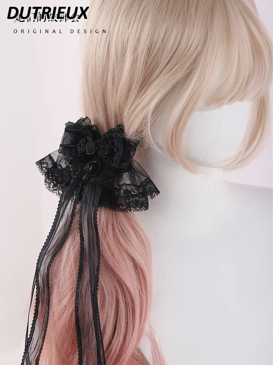 Lolita Hair Accessories for Women Original Handmade New Headwear Bow Sweet Hairpin Female Dark Rose Flower Lace Double Hair Clip