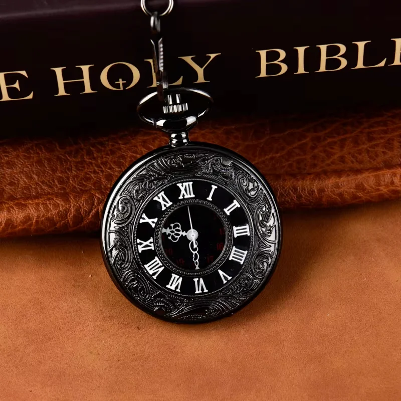 Quartz watch retro Roman digital pocket watch Thick chain quartz watch large retro Roman Digital black silver pocket watch