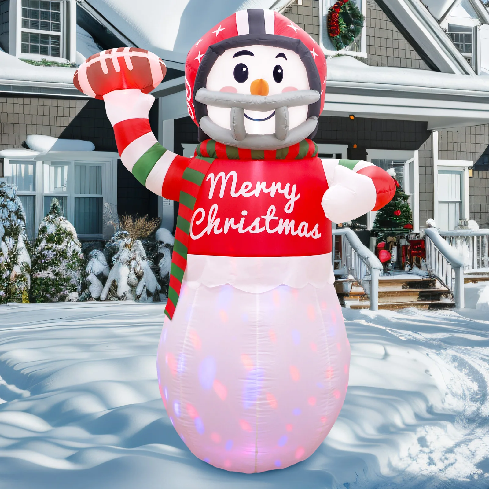 6ft Christmas Inflatable Football Snowman with Rotating LED Lights for Christmas Patio Lawn Santa Decorations