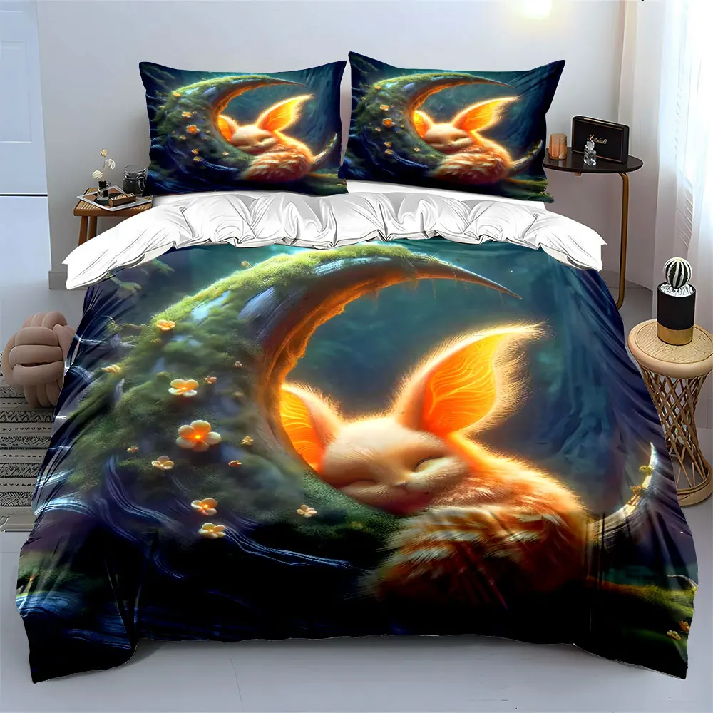Glowing fox resting on crescent moon Printed Duvet Cover Set 1 Duvet Cover+2 Pillowcase Multi Size Bedroom Bedding Decoration