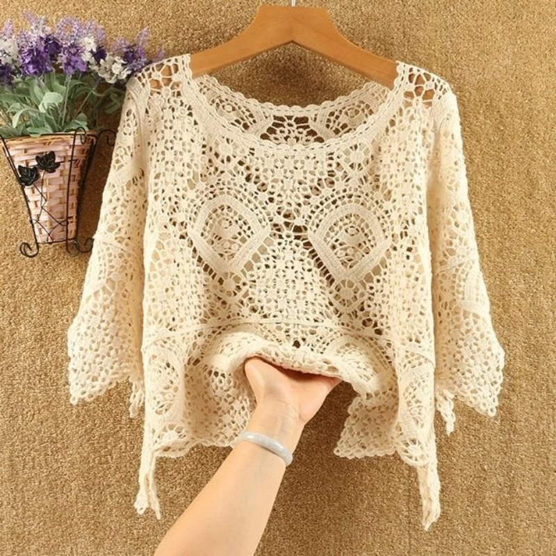 Weibliche gestrickte hohle durchsichtige Abdeckung oben für Frauen volle Ärmel solide lose Strand Strickwaren lange Pullover Bluse Sommer q318