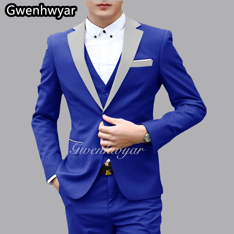 

Gwenhwyar Costume Homme Italian Business Slim Fit 3 Pcs Royal Blue Men's Suits Groom Prom Tuxedos Groomsmen Blazer For Wedding