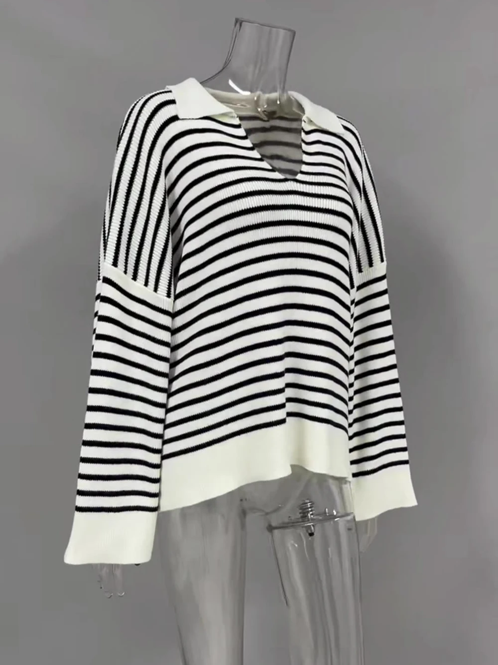 Colete solto de cor leitosa com listras pretas suéter outono nova lapela manga comprida suéter solto para mulheres