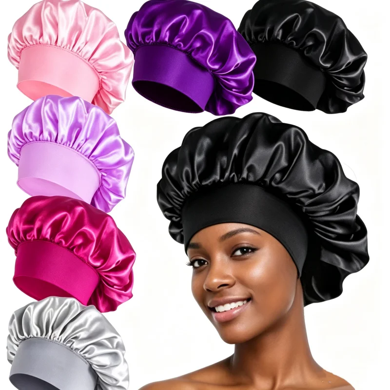 Hot Satin Bonnets Night Sleeping Cap Large Elastic Wide Soft Band Colorful Silk Hat for Curly Hair Care Beauty Makeup for Women