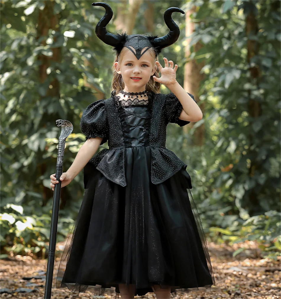 Böse Königin Halloween Cosplay Kostüm Mädchen Schwarzes Hexen-Prinzessinnenkleid Kinder Geburtstag Karneval Party Kleidung Bühnenauftritt Kleid – Detail 17