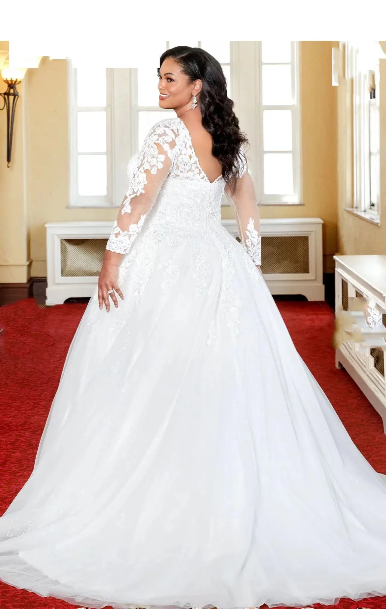 Vestido de novia de manga larga con cuello en V, línea A, lentejuelas, capas de tul, espalda abierta, apliques de encaje, talla grande, 2024