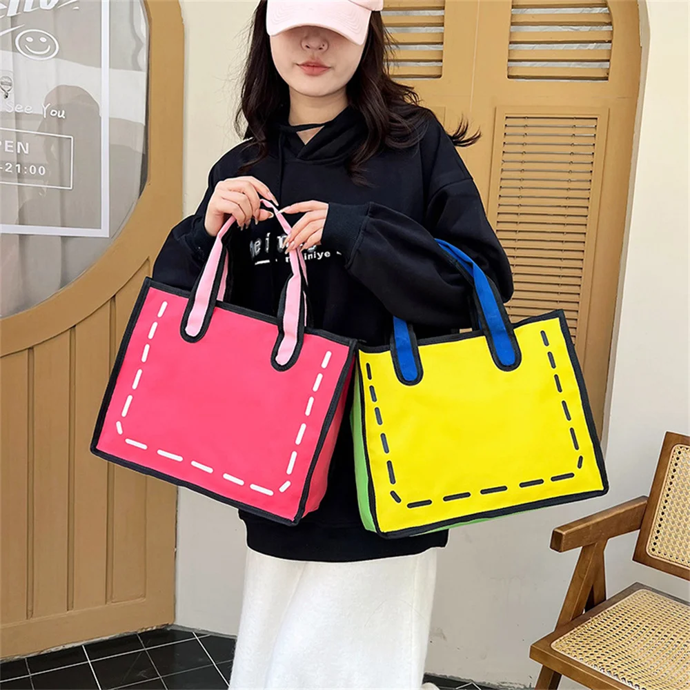 Personalized Embroidery Custom Cartoon Girl Canvas Bags Women\'s Handheld Shopping Bags Colored Large Capacity Shoulder Bags