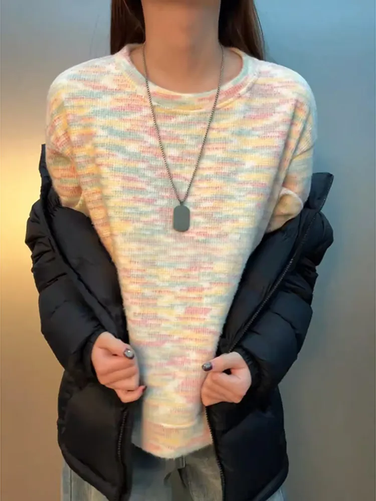 

Мужской вязаный свитшот с длинными рукавами и круглым вырезом, с эффектом радужного омбре, утепленный, на флисовой подкладке, для весеннего отдыха